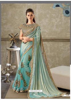 Turquoise Lycra Party Embroidered Wear Saree