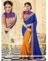 Blue And Orange Silk Designer Saree