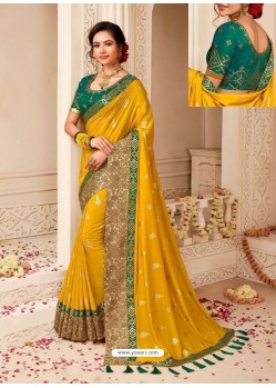 Yellow Silk Jacquard Worked Party Wear Saree