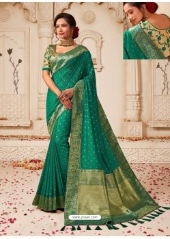 Teal Silk Jacquard Worked Party Wear Saree