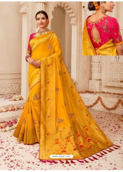 Stunning Yellow Silk Embroidered Party Wear Saree