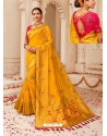 Stunning Yellow Silk Embroidered Party Wear Saree