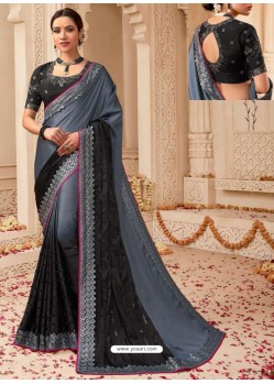 Grey And Black Silk Jacquard Worked Party Wear Saree