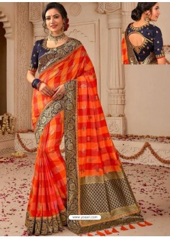 Red And Orange Silk Jacquard Worked Party Wear Saree