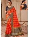 Red And Orange Silk Jacquard Worked Party Wear Saree