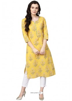 Yellow Cotton Embroidered Casual Wear Kurti