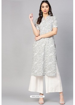 Light Grey Cotton Printed Casual Wear Kurti