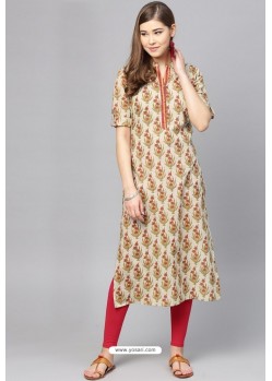 Light Beige Cotton Printed Casual Wear Kurti