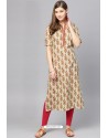 Light Beige Cotton Printed Casual Wear Kurti