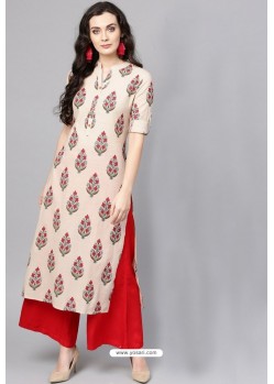 Cream Cotton Printed Casual Wear Kurti