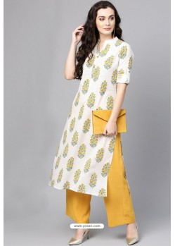 Off White Cotton Printed Casual Wear Kurti