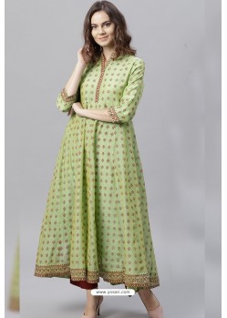 Green Silk Blend Printed Casual Wear Kurti