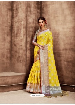 Yellow Kanjivaram Silk Zari Worked Designer Saree