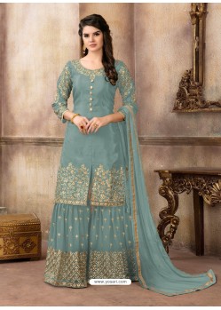 Grayish Green Pure Viscose Upada Silk Embroidered Palazzo Suit