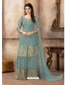 Grayish Green Pure Viscose Upada Silk Embroidered Palazzo Suit