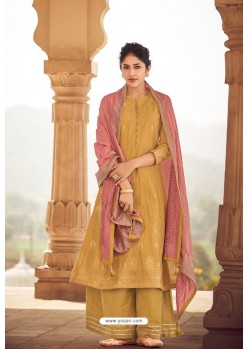 Mustard Banaras Foil Printed Chanderi Hand Worked Palazzo Suit