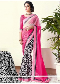 Off White And Pink Shaded Printed Saree