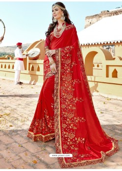 Red Vichitra Silk Zari Embroidered Party Wear Saree