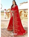 Red Vichitra Silk Zari Embroidered Party Wear Saree