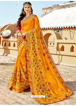 Yellow Vichitra Silk Zari Embroidered Party Wear Saree