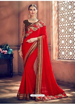 Red Georgette Border Worked Party Wear Saree