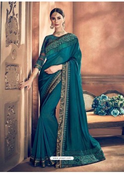 Teal Blue Georgette Border Worked Party Wear Saree