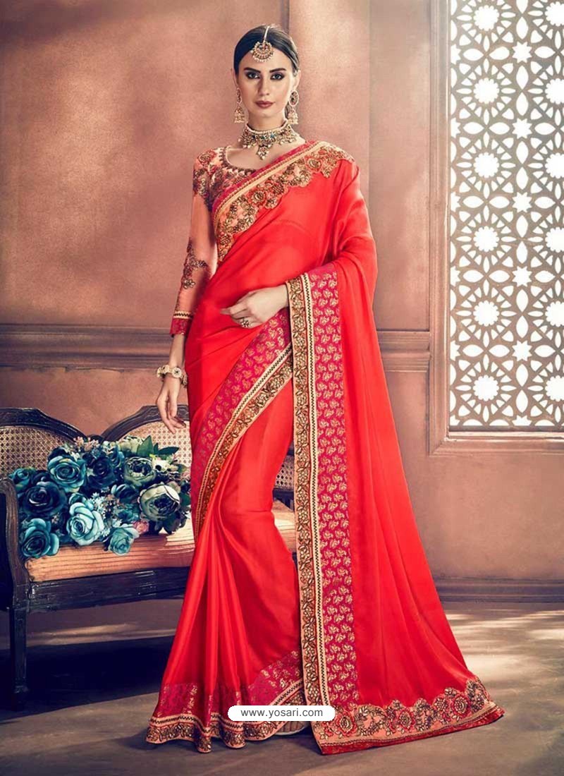Beautiful Red Georgette Border Worked Party Wear Saree