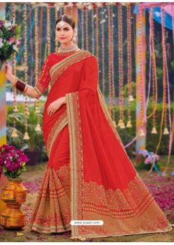 Red Two Tone Satin Designer Wedding Saree