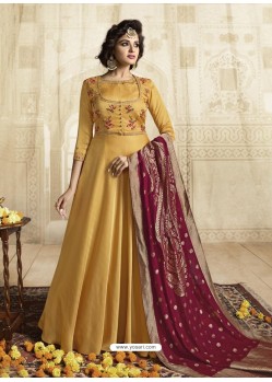Mustard Satin Linen Thread Embroidered Designer Anarkali Suit