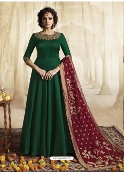 Dark Green Satin Linen Thread Embroidered Designer Anarkali Suit