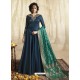 Navy Blue Satin Linen Thread Embroidered Designer Anarkali Suit