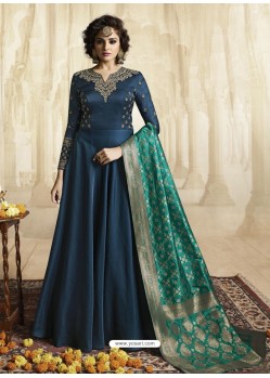 Navy Blue Satin Linen Thread Embroidered Designer Anarkali Suit