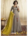 Grey Satin Silk Thread Embroidered Designer Anarkali Suit
