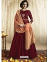 Maroon Satin Linen Thread Embroidered Designer Anarkali Suit