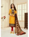 Yellow And Red Cotton Diamond Worked Churidar Suit