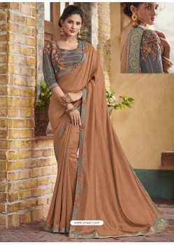 Rust Silk Stone Embroidered Party Wear Saree
