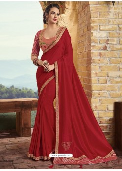 Red Silk Stone Embroidered Party Wear Saree