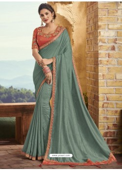 Grey Silk Stone Embroidered Party Wear Saree