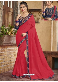 Rose Red Silk Stone Embroidered Party Wear Saree