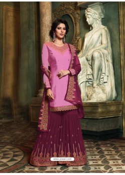 Magenta And Purple Satin Georgette Heavy Embroidered Sharara Salwar Suit