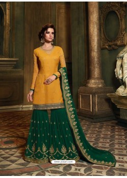 Yellow And Green Satin Georgette Heavy Embroidered Sharara Salwar Suit