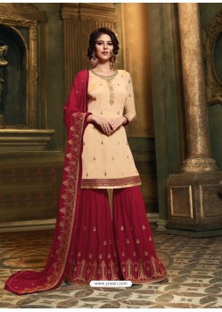 Cream And Maroon Satin Georgette Heavy Embroidered Sharara Salwar Suit