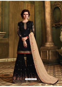 Black Satin Georgette Heavy Embroidered Sharara Salwar Suit