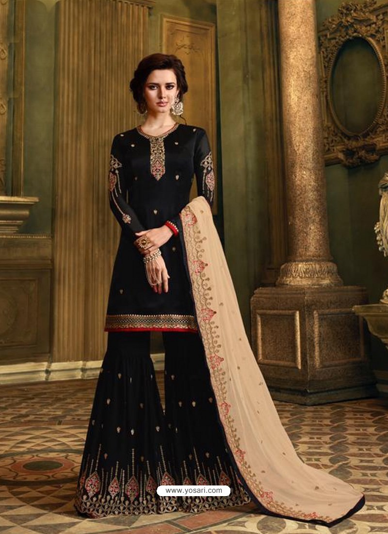 Black Satin Georgette Heavy Embroidered Sharara Salwar Suit