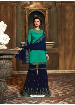 Aqua Mint And Navy Satin Georgette Heavy Embroidered Sharara Salwar Suit