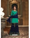 Aqua Mint And Navy Satin Georgette Heavy Embroidered Sharara Salwar Suit