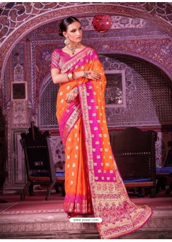 Orange And Rani Nylon Silk Jacquard Worked Designer Saree