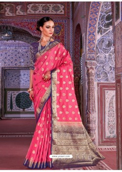 Hot Pink Nylon Silk Jacquard Worked Designer Saree