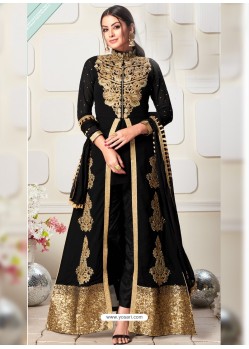 Black Faux Georgette Embroidered Cording Worked Straight Suit