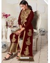 Maroon Faux Georgette Embroidered Cording Worked Straight Suit